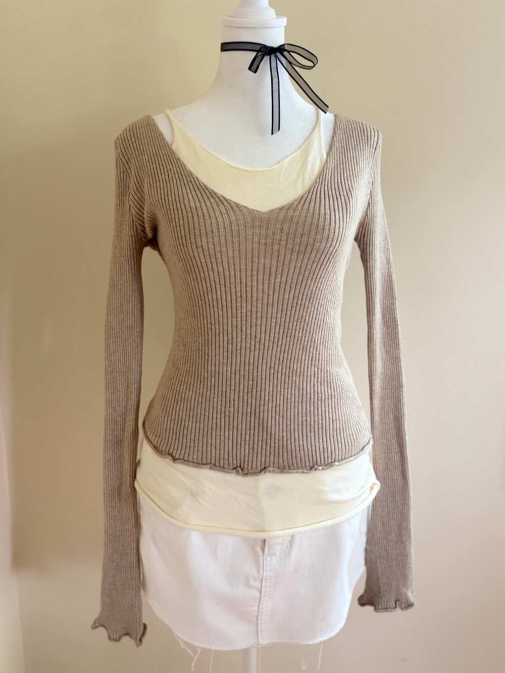 Vintage subversive minimalist chic layered knit ribbed long sleeve top cream S